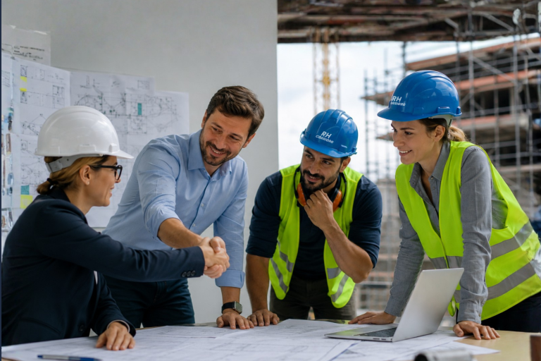 Collaboration entre le bureau et le terrain sur un chantier de construction : équipe de gestion de projet et travailleurs de chantier réunis autour de plans pour améliorer la communication, la coordination et la performance des travaux.