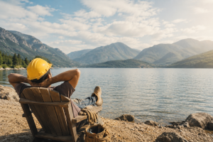 Travailleur de la construction profitant de ses vacances d’été pour décrocher et récupérer