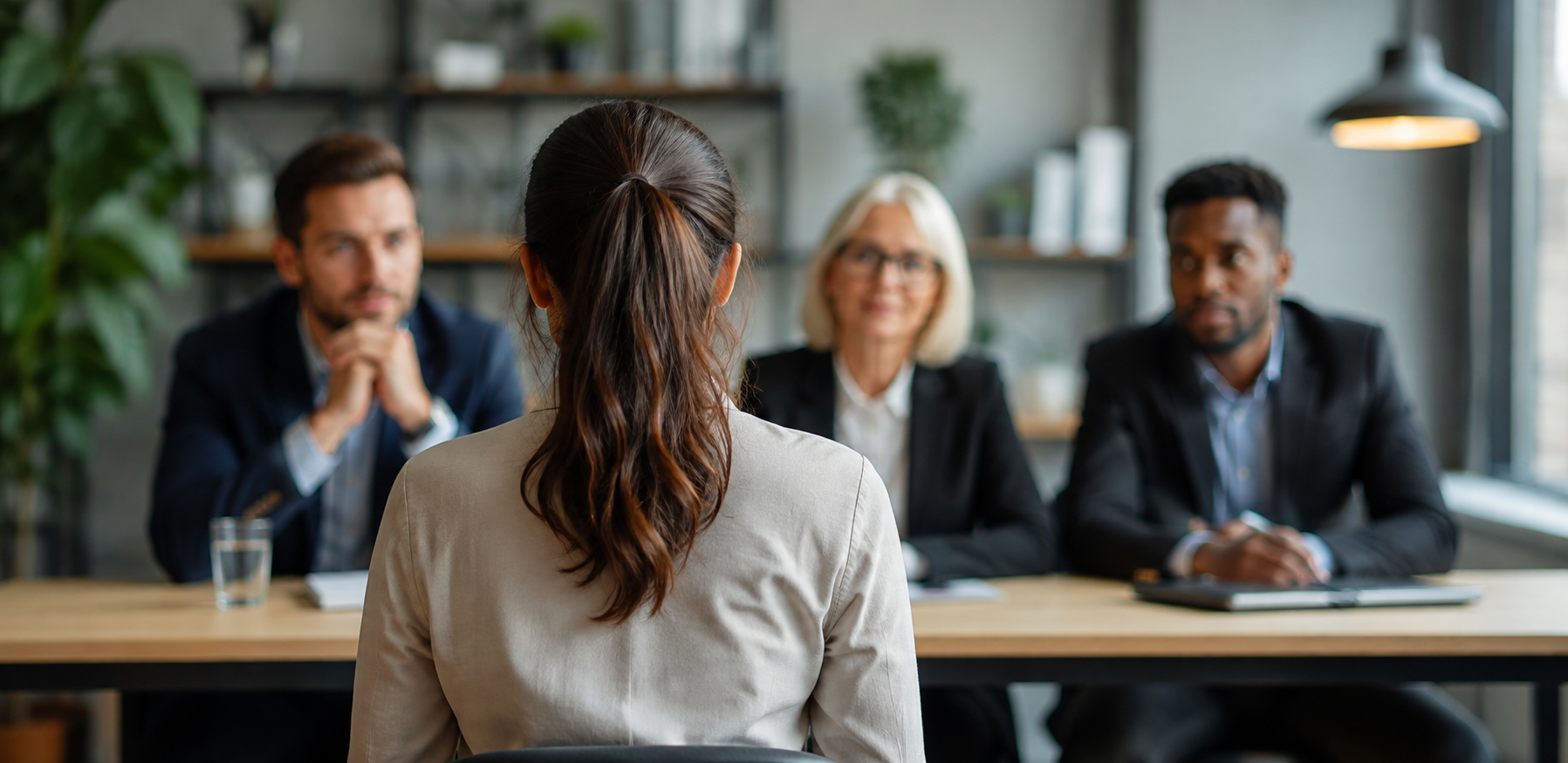 Candidate en entrevue d’embauche face à des recruteurs, illustrant l’anxiété avant une entrevue et un changement d’emploi.