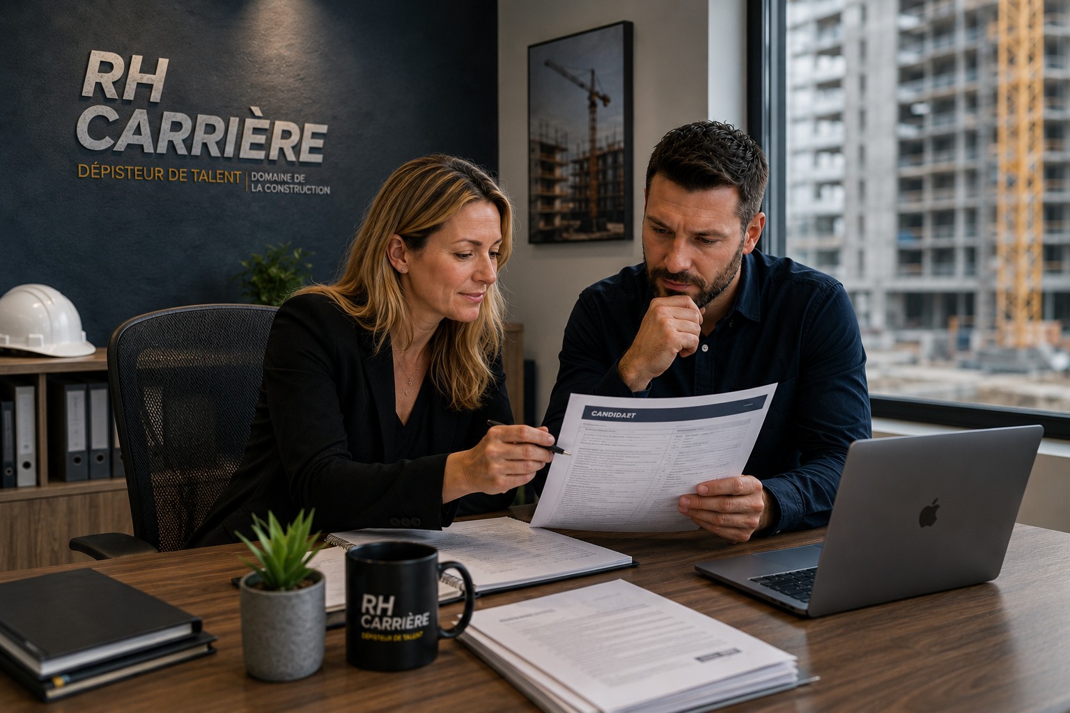 Recruteurs RH Carrière spécialisés en construction analysant les CV de candidats dans un bureau au Québec