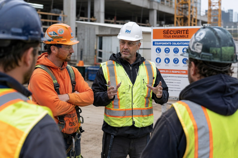 Sécurité sur un chantier de construction au Québec - travailleurs réunis lors d’une discussion sur la prévention et la SST