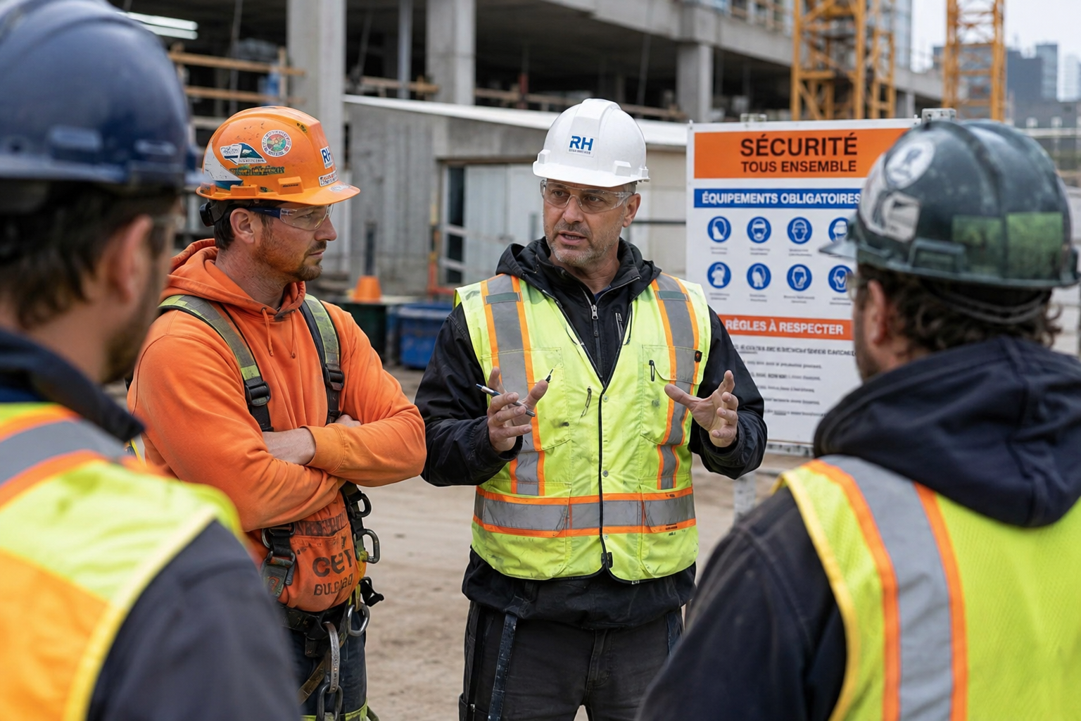 Sécurité sur un chantier de construction au Québec - travailleurs réunis lors d’une discussion sur la prévention et la SST