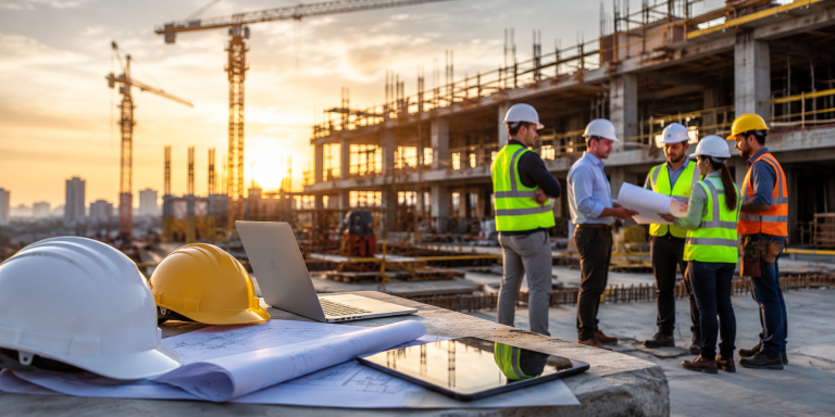 Équipe de professionnels en construction participant à une formation continue sur un chantier avec plans, ordinateur portable et équipements de sécurité, illustrant le développement des compétences en entreprise.