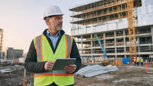 Directeur de construction supervisant les travaux sur un chantier au Québec avec une tablette électronique.
