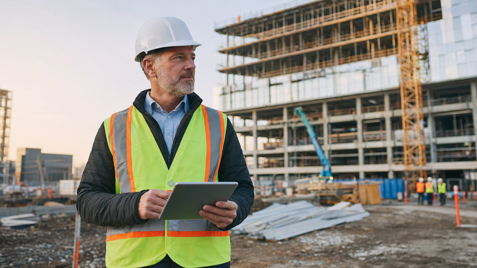 Directeur de construction supervisant les travaux sur un chantier au Québec avec une tablette électronique.