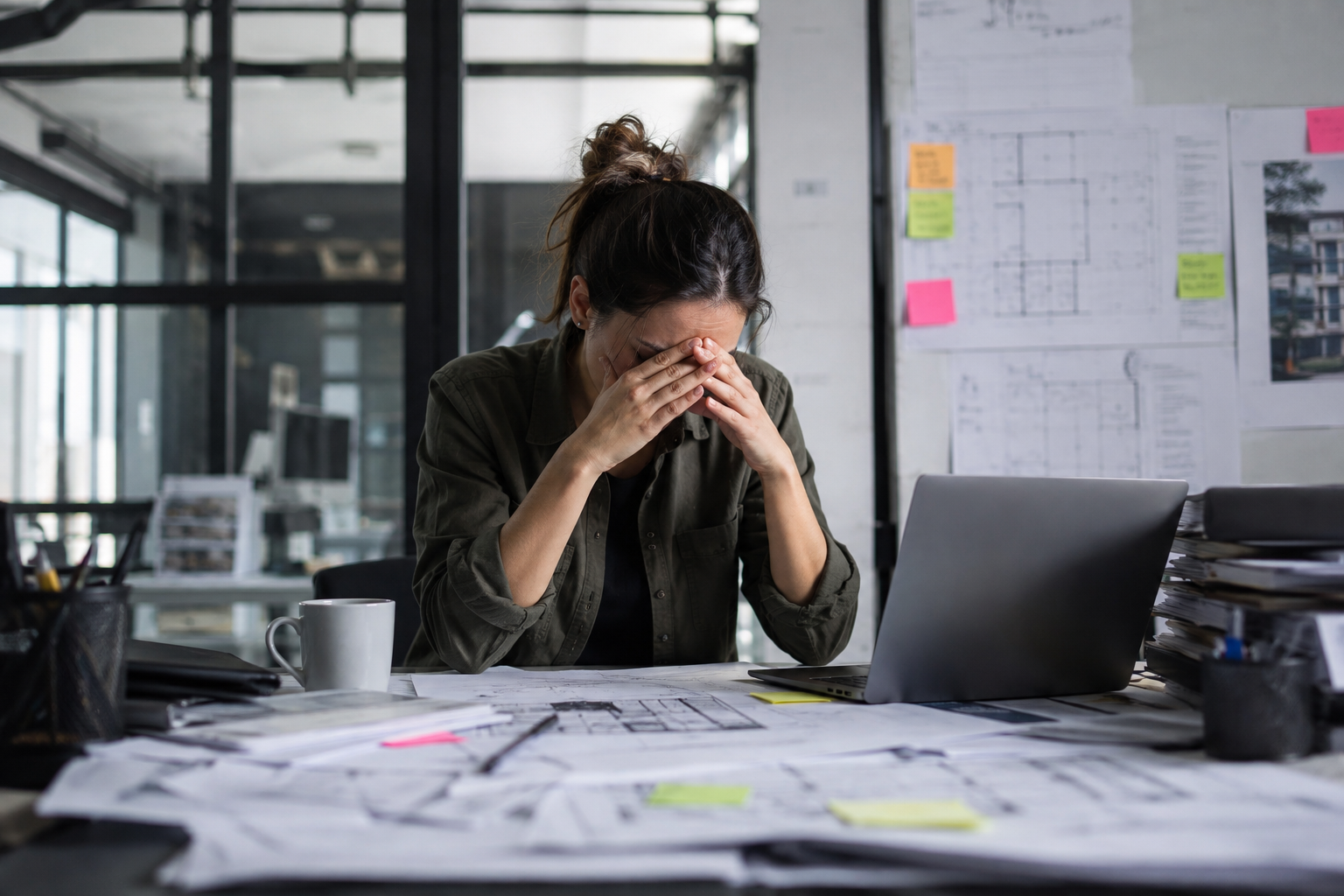 Travailleuse du secteur de la construction souffrant de fatigue mentale et de surcharge de travail.