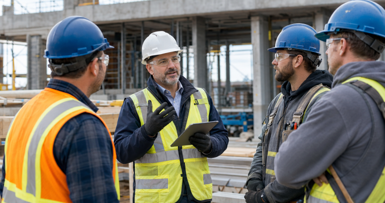 Directeur SST dirigeant une discussion sur la santé et la sécurité avec des travailleurs sur un chantier de construction au Québec.