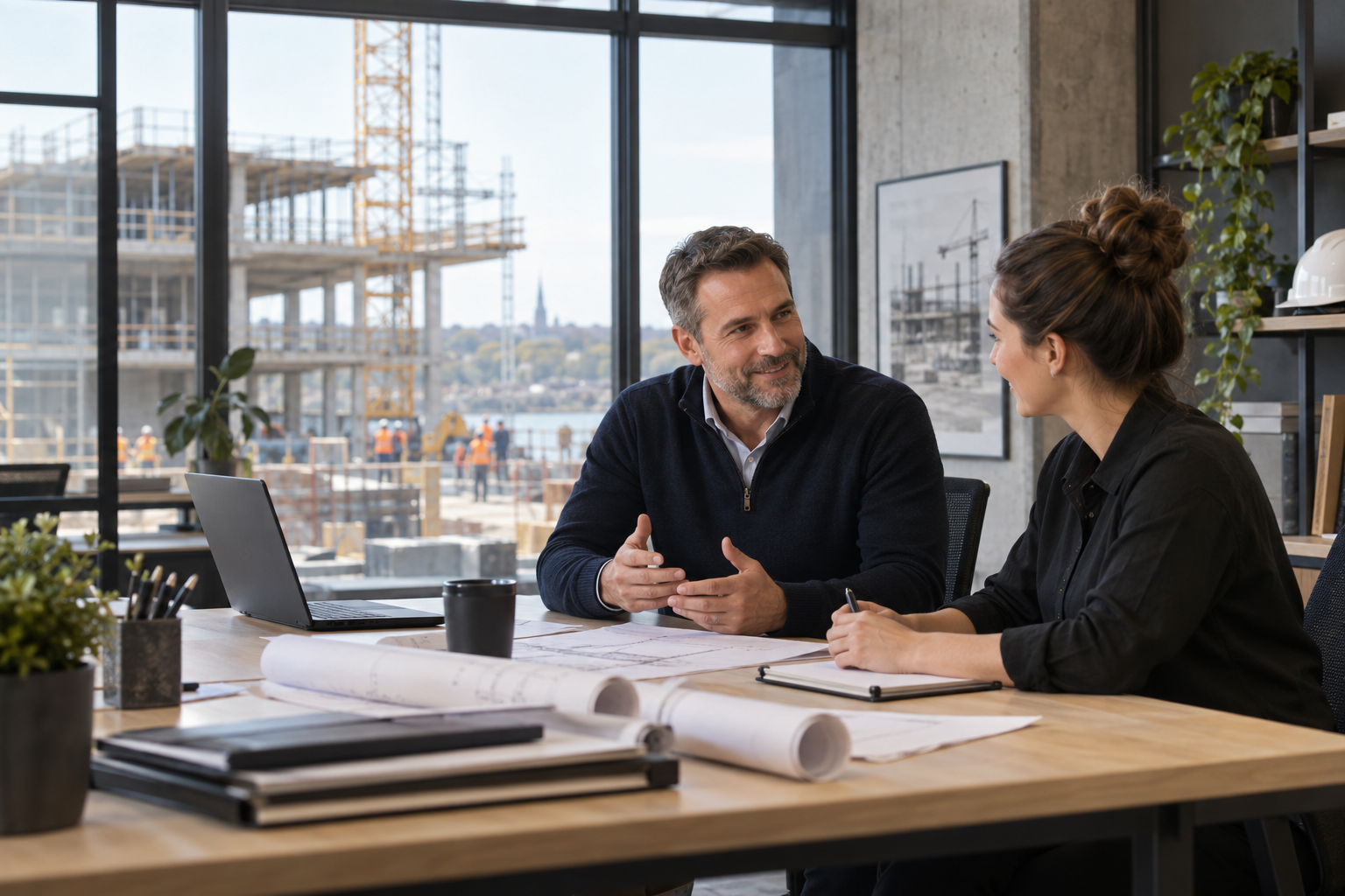 Employeur discutant avec une employée dans un bureau administratif donnant sur un chantier de construction.