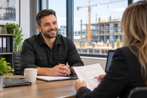 Entrevue d’embauche dans le secteur de la construction entre un candidat et une recruteuse, dans un bureau avec chantier en arrière-plan.