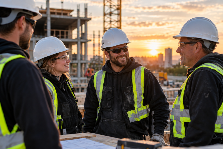 Équipe de professionnels de la construction réunie sur un chantier au Québec pour discuter de fidélisation et de recrutement.