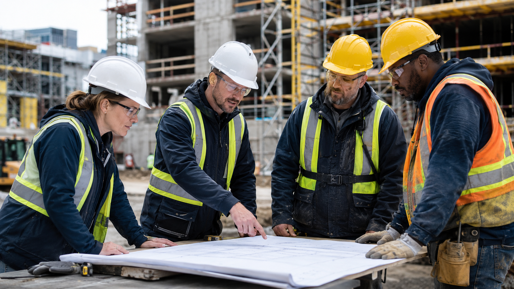 Équipe sensibilisée à la SST réunie sur un chantier lors d’un recrutement en construction
