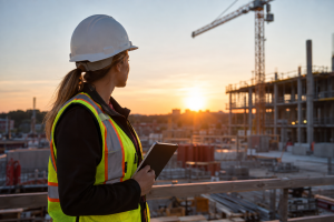 Professionnelle de la construction observant un chantier, illustrant une réflexion sur sa carrière et les possibilités de recrutement en construction au Québec.