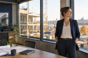 Professionnelle de la construction réfléchissant à son avenir professionnel dans un bureau avec vue sur un chantier en automne.