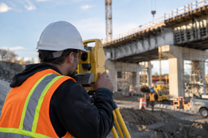 Technicien en génie civil effectuant des relevés avec une station totale sur un chantier de construction au Québec.