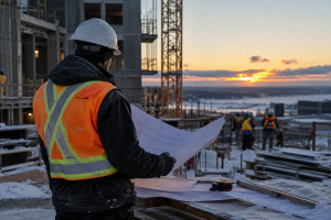 Travailleur de la construction consultant des plans sur un chantier québécois à l’approche de l’hiver afin de planifier les travaux et respecter les échéanciers.