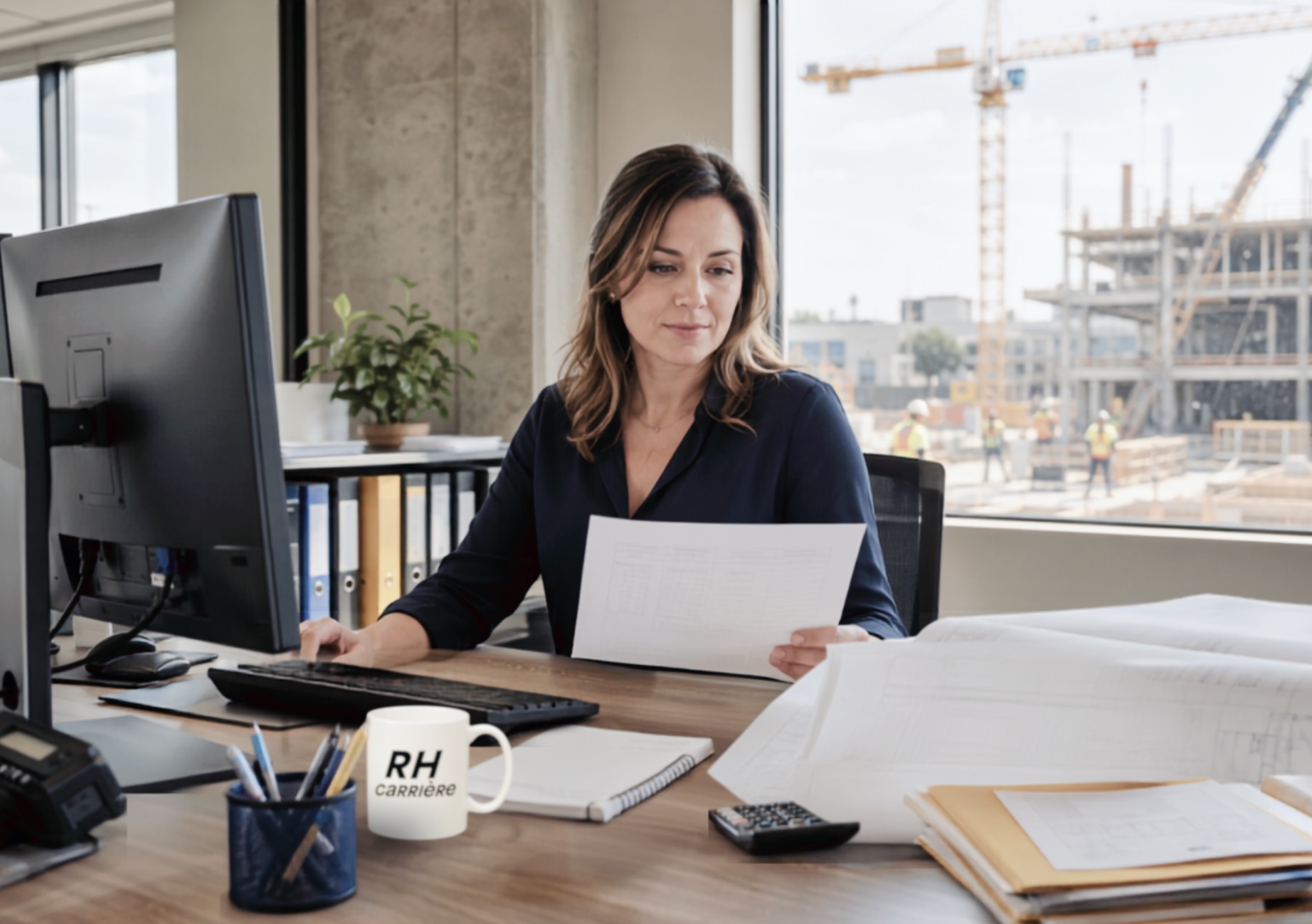Adjointe administrative examinant des documents dans un bureau avec un chantier de construction visible en arrière-plan.