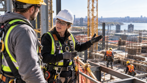 Travailleurs de la construction en hauteur portant un harnais de sécurité et discutant des pratiques SST sur un chantier au Québec.