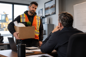 Employé du secteur de la construction annonçant son départ à son gestionnaire, illustrant les enjeux de rétention et de recrutement en construction.