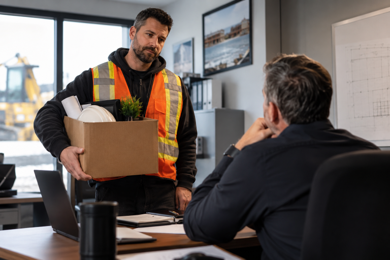 Employé du secteur de la construction annonçant son départ à son gestionnaire, illustrant les enjeux de rétention et de recrutement en construction.