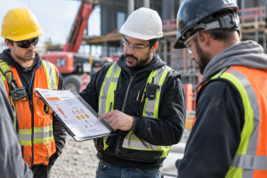 Formation SST en construction au Québec - trois professionnels sur un chantier discutent des mesures de prévention et de sécurité au travail.