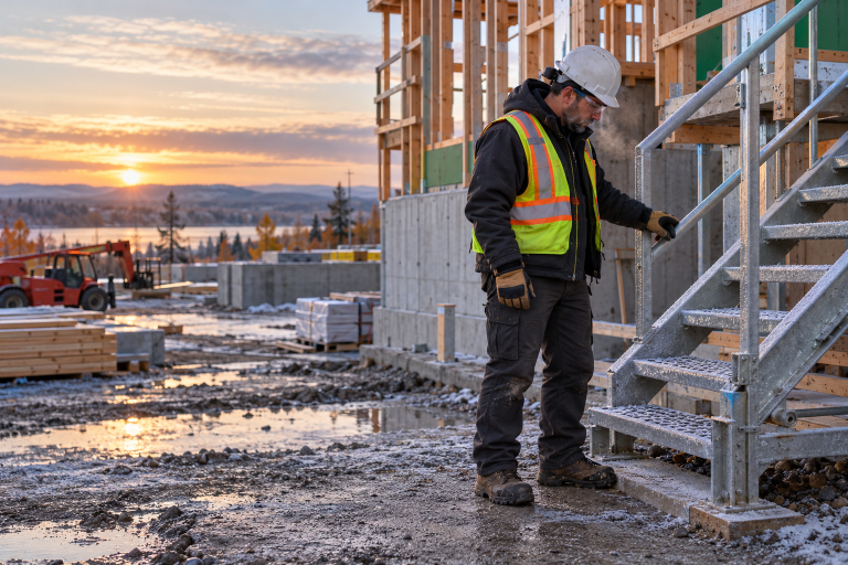 Travailleur en construction inspectant un escalier couvert de givre sur un chantier québécois aux premières gelées d’automne.